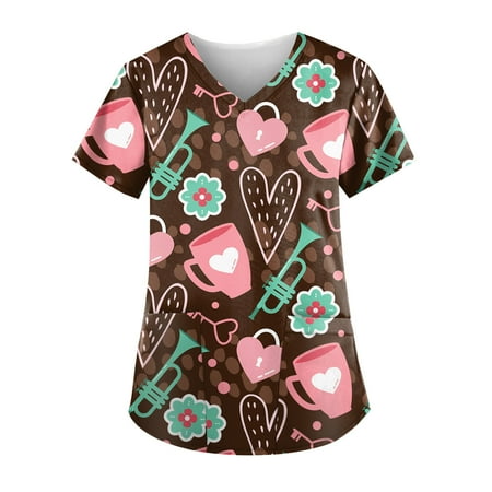 

QWERTYU Casual Scrubs Top for Women Pockets Working T Shirt Holiday Professionals Nursing Scrubs Valentine s Day V Neck Uniform Coffee M
