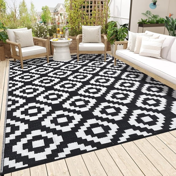 Plastic Straw Rug - 5x8 Outdoor Rug Waterproof & Reversible Modern Area Rug for Patio, Deck, Beach, Camping, Backyard & RV - Durable Large Floor Outdoor Patio Rug, 5x8 ft, Square Black White
