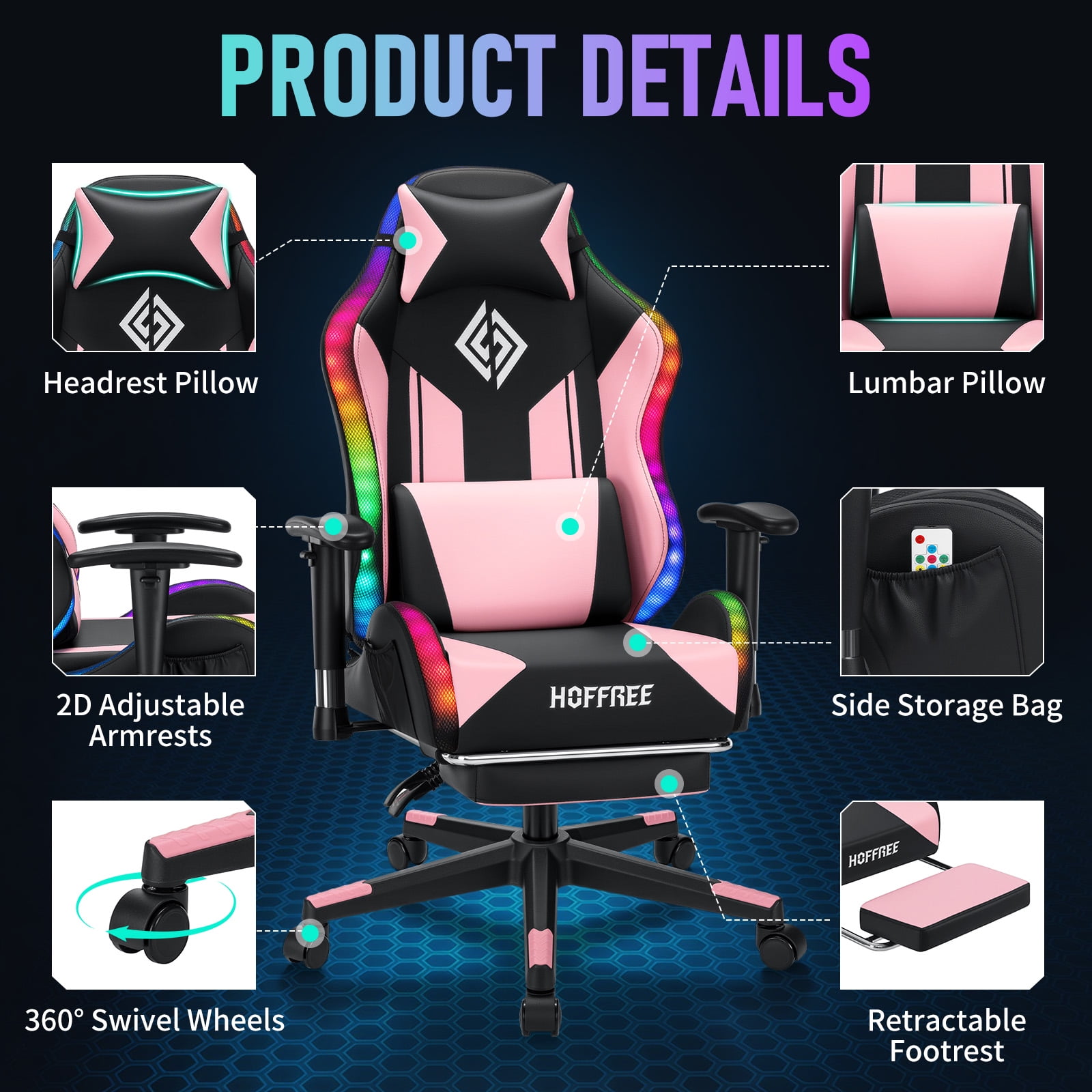 Hoffree LED Gaming Chair for Kids 8-14 Gaming Chairs for Teens with Adjustable Headrest and Lumbar Support Ergonomic PU Leather Kids Gaming Chair with Led Lights