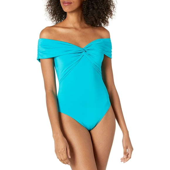 Trina Turk Women's Standard Off Shoulder Twist Front Bandeau One Piece Swimsuit, Turquoise//Getaway Solids, 4