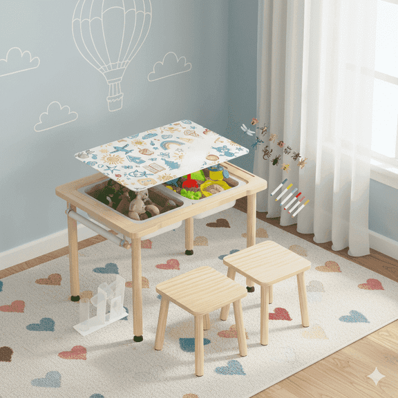 BRINJOY 3 in 1 Sensory Table Set with 2 Stools, Kids Activity Desk, Storage Bins, Colored Pens, Animal Toys and Tunnels for Indoor Outdoor Gift