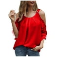thumbnail image 2 of Wiyuqeen Women's Lace Patchwork Cold Shoulder Blouses Solid Color U-neck Tunic Tops Ladies Basic Pleated Flowy Summer Tops, 2 of 5