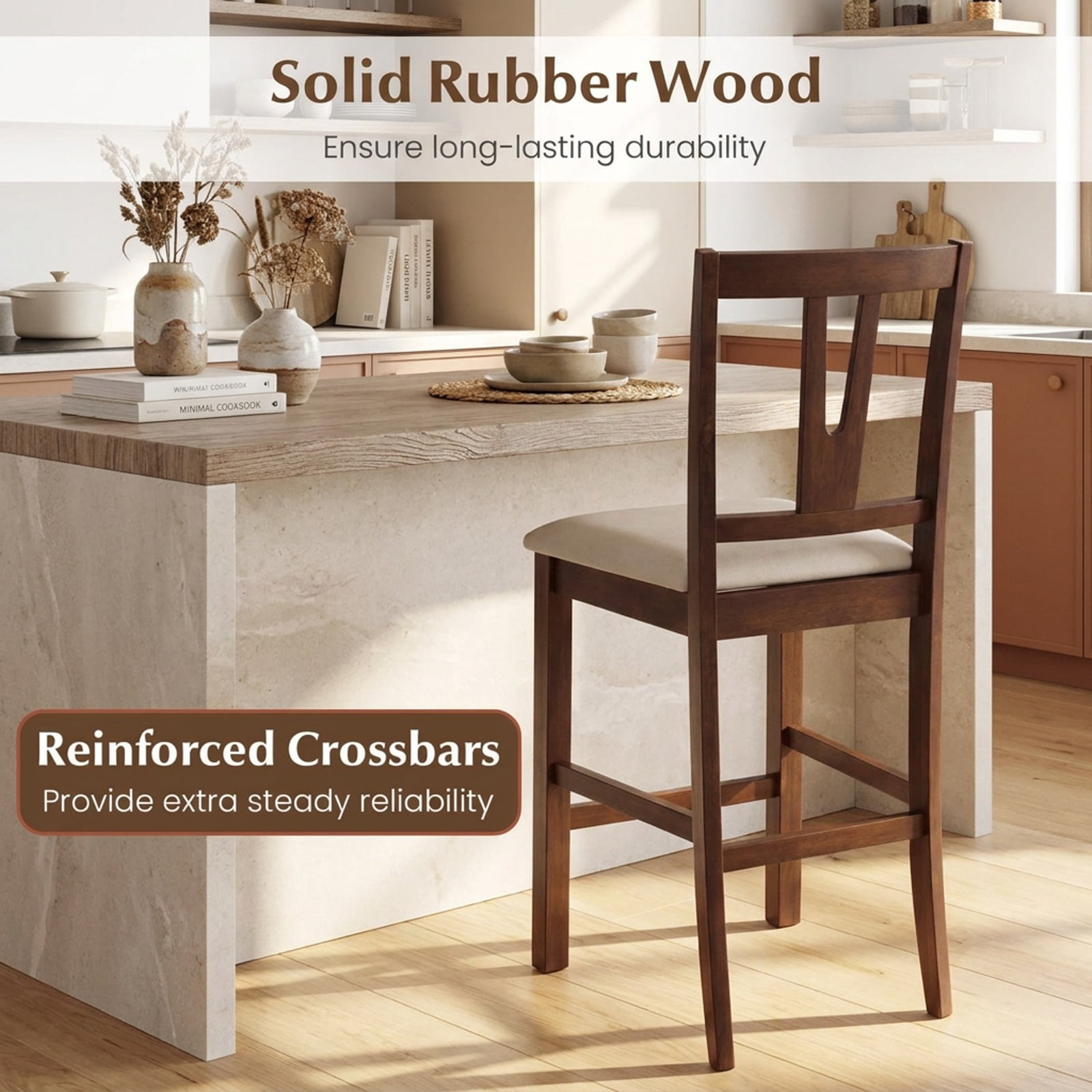Furnibear Counter Height Bar Stools with Contoured V-Back-Set of 2 for Kitchen Island Counter Bar Pub Dining Home, Walnut