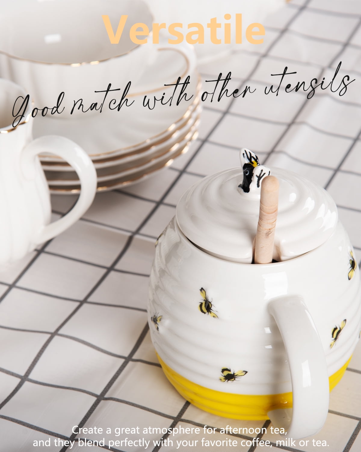 Prefdo Ceramic Honey Pot Jar with Wood Drizzler, British Designed Honey Jar With Honey Dipper, Perfect for Honey and Maple Syrup, 350ml