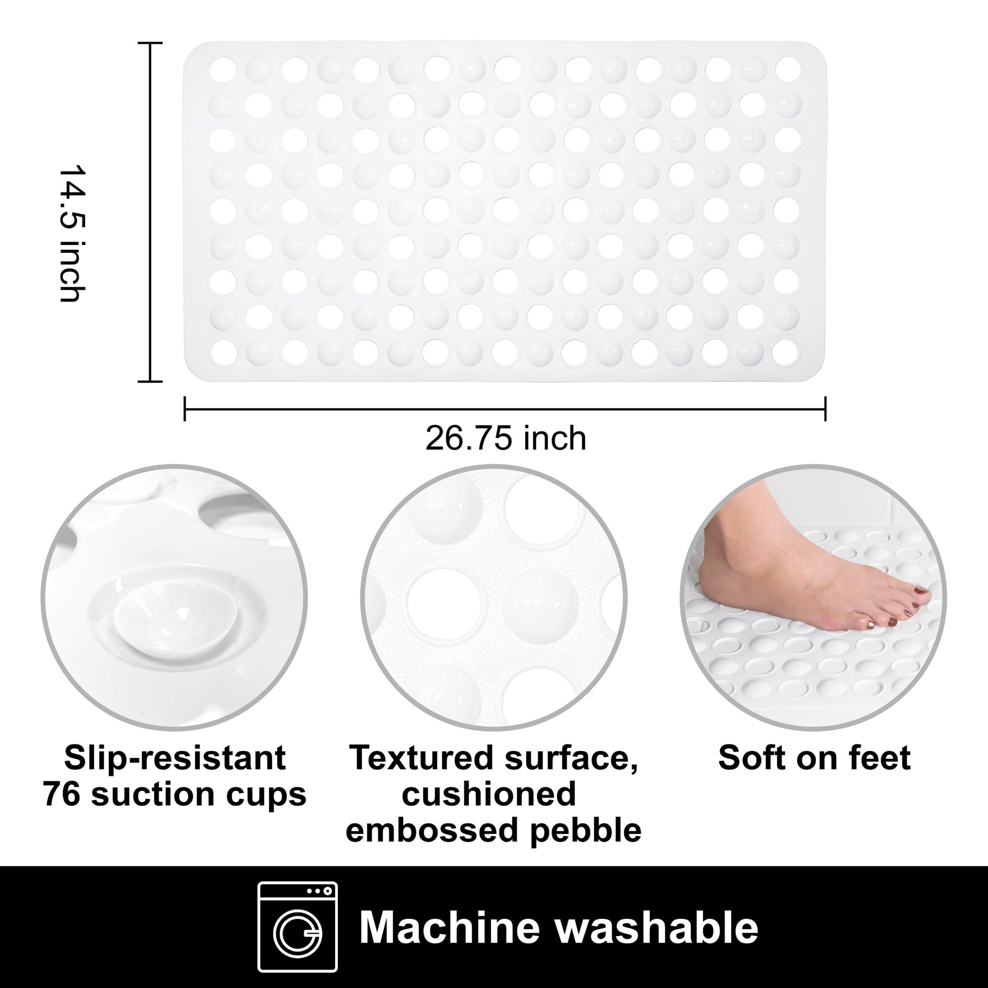 Mainstays 15" x 27" Non-Slip Cushioned PVC Bathtub Mat for Shower with Suction Cups and Drain Holes, White