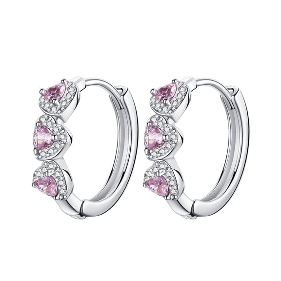 ARVALILS 925 Sterling Silver Three Pink Heart CZ Hoop Earrings for Women