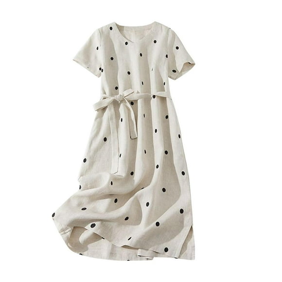 Tumotour Cotton And Linen Dress For Women Polka Dot Crew Neck Dress Loose Casual Lace-Up Dresses Beach Sundress Printed Medium Length Dress