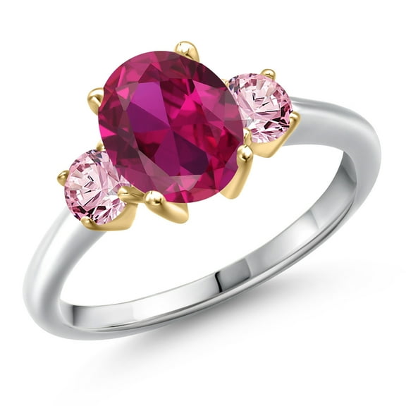 Gem Stone King 925 Silver and 10K Yellow Gold Red Created Ruby and Pink Lab Grown Diamond Engagement Ring for Women | 2.50 Cttw | Oval 9X7MM | Gemstone July Birthstone | Size 6