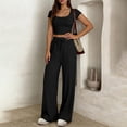 thumbnail image 7 of Women's Summer 2 Piece Matching Lounge Sets Short Sleeve Crop Tops Wide Leg Pants Airport Travel Outfits Black M(M), 7 of 7