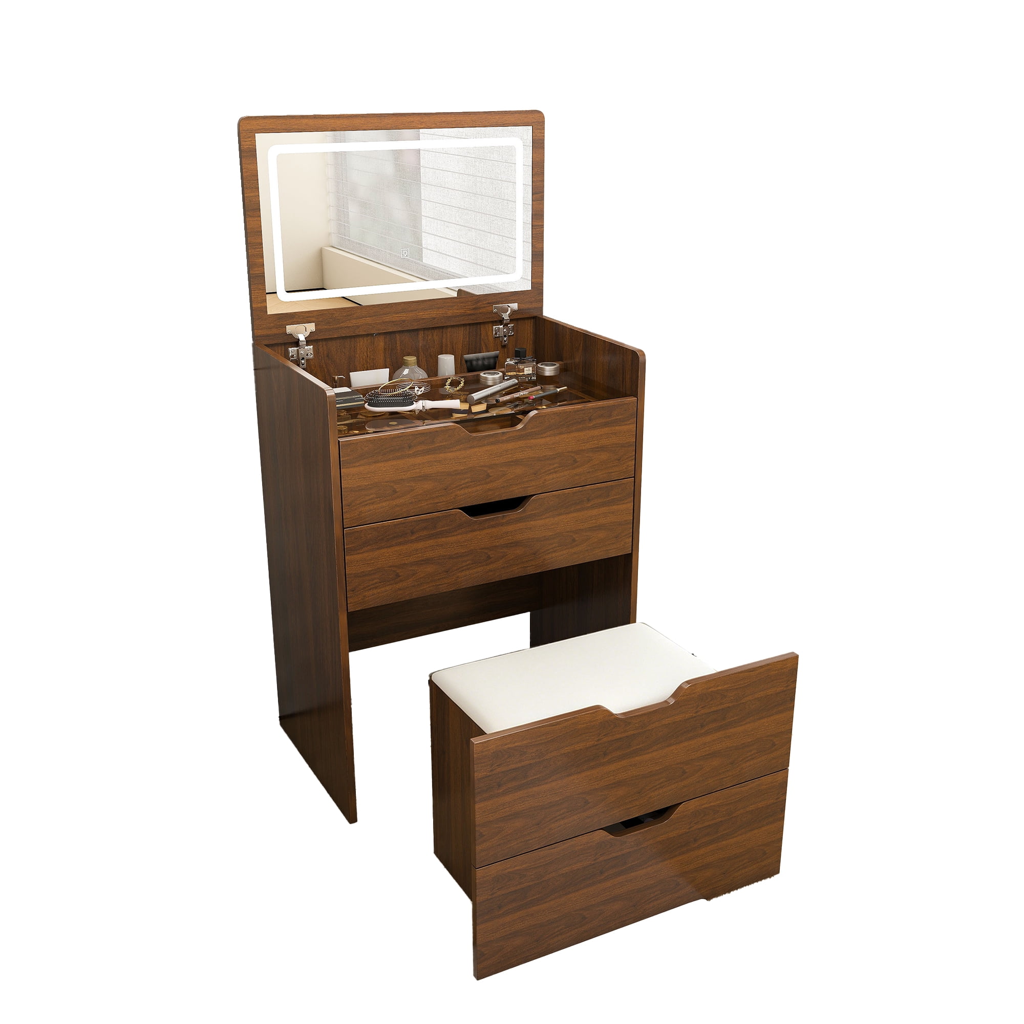 3-in-1 Vanity Desk with Flip Top Lighted Mirror & Storage Stool, Compact Makeup Dressing Table for Bedroom, Bathroom, or Dressing Room (23.L, Walnut)