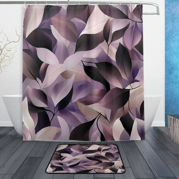Bath Curtain & Non-Slip Bath Mat Set 12-Grommet Shower Curtain Memory Foam Bath Rug Purple Abstract Leaves