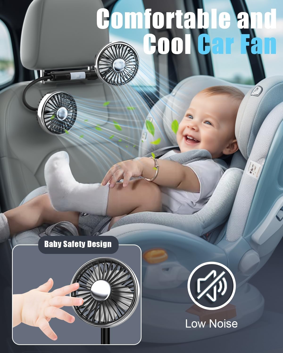 Dual Head Car Fan with Lights, USB Car Rear Seat Ventilation Fan, 3 Speeds and 360 Degree Rotatable Cooling Car Fans for Vehicles RV SUV Truck