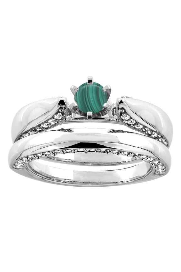 14K White Gold Natural Malachite 2-piece Bridal Ring Set Diamond Accents Round 5mm, size 9