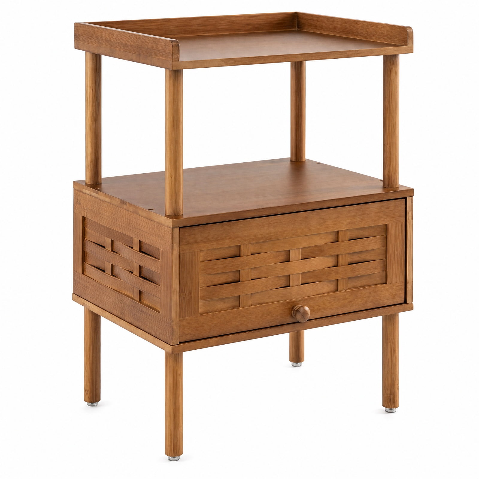 Furnibear Bamboo Rattan Nightstand with Raised Edge Flip-Up Door and Open Shelf for Bedroom Living Room Bedside Sofa Side Small Space, Walnut