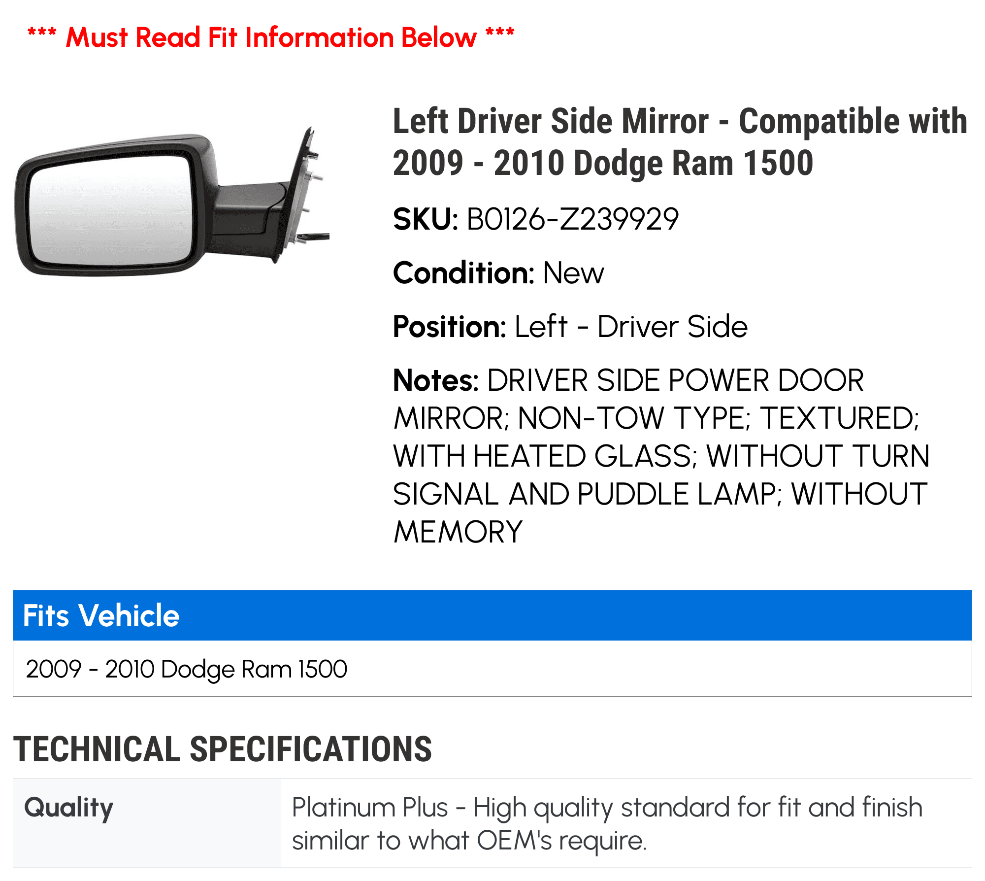 Left Driver Side Mirror - Compatible with 2009 - 2010 Dodge Ram 1500