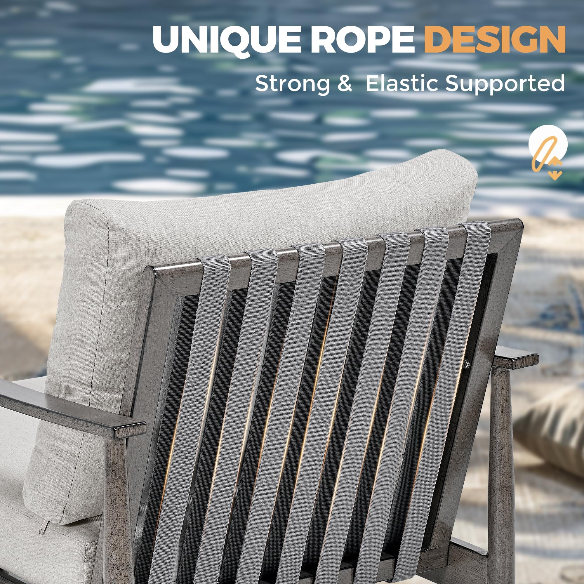 Patio Sofa Aluminum Armchairs Set of 2, Outdoor Sofa Chair with Thick Cushion and Rope Backrest