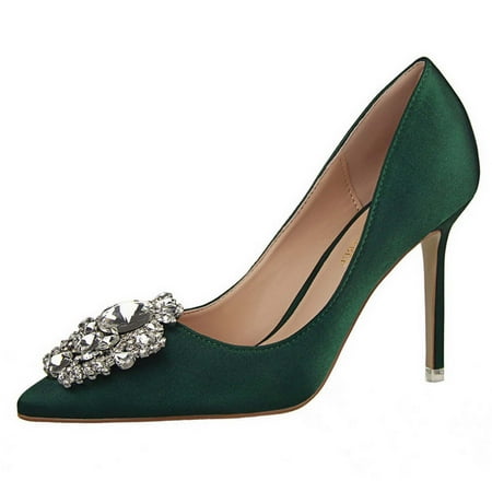 Juebong Women Pumps Elegant Rhinestone High Heels Shoes Sexy Thin Pointed Single Shoes Green Size 41