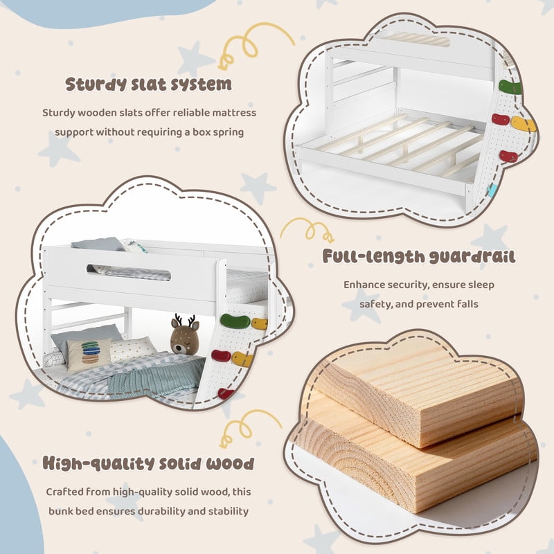 Twin/Twin XL Over Full Bunk Bed with Built-in Wardrobe, Storage Shelves, Rock Climbing Wall, Solid Wood Bunk Bed Fram with Full-Length Guardrails, No Box Spring Needed