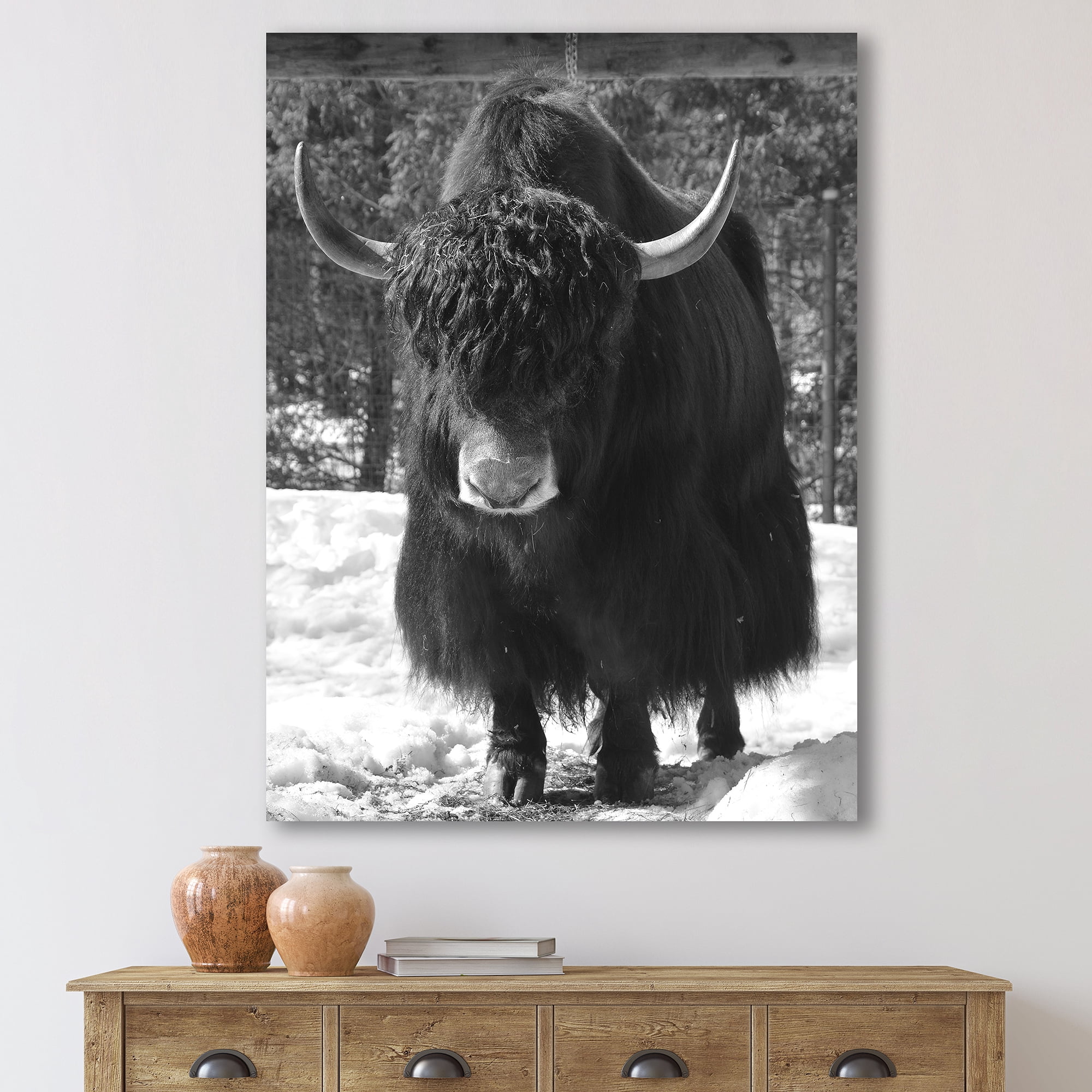 Designart ' Portrait Of Monochrome Wild Bull In Winter Forest I ' Farmhouse Canvas Wall Art Print