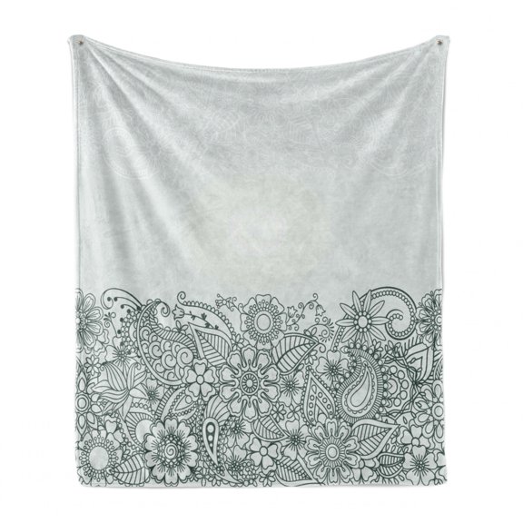 Folk Soft Flannel Fleece Throw Blanket, South Body Paint Design Floral Arrangement with Various Wildflowers and Leaves, Cozy Plush for Indoor and Outdoor Use, 50" x 60", White Green, by Ambesonne