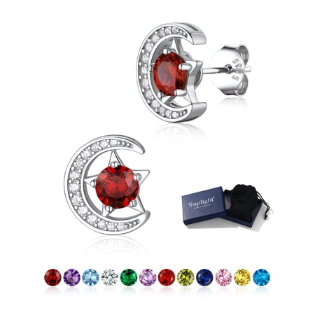 Suplight Sterling Silver Moon Star Earrings Cubic Zirconia Birthstone Jewelry Gift for Women
