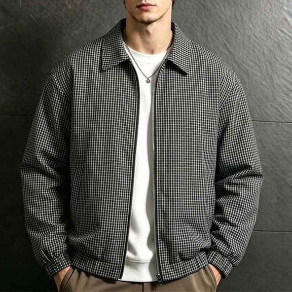 Men's Jackets Lightweight Casual Big and Tall Classic Plaid Collared Long Sleeve Full Zip Side Pockets Coat
