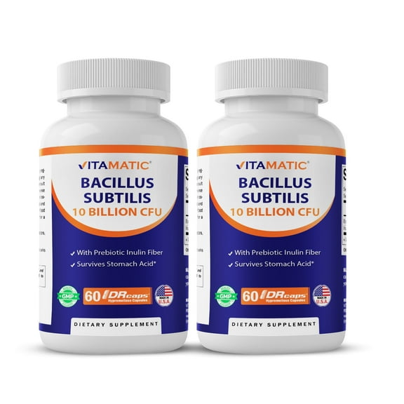 2 pack Vitamatic Bacillus Subtilis 10 Billion per DR Capsule - 60 Count - Digestive, Gut & Immune Health Support - Made with Prebiotic Inulin Fiber