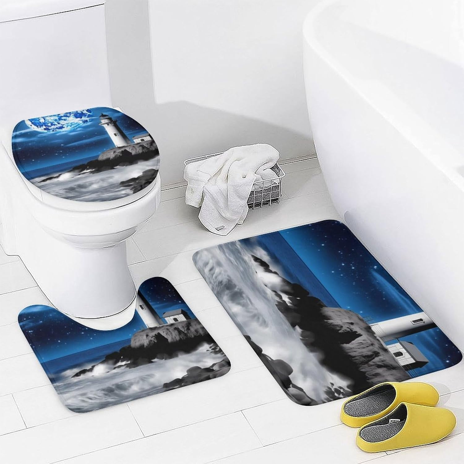 4 Pcs Bathroom Shower Curtain Set,Bathroom Sets with Rugs (Bath Mat,U Shape and Toilet Lid Cover Mat), Lighthouse and Moon Bathroom Decor Set