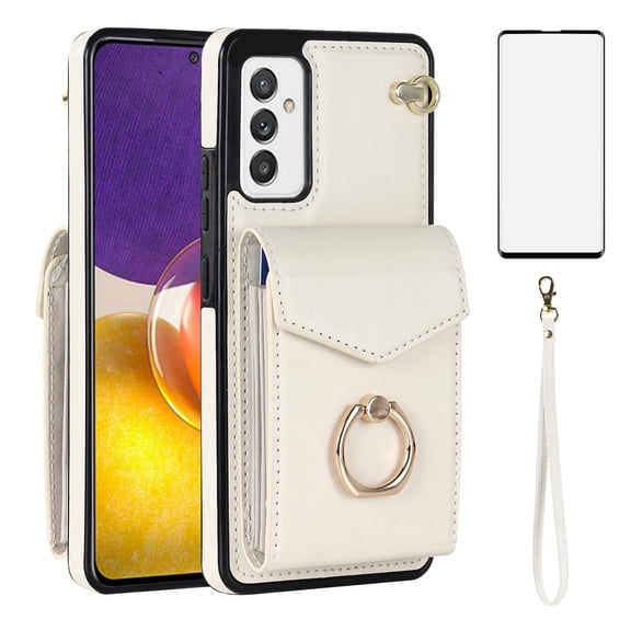 Asuwish Credit Card Slot PU Leather Wallet Cell Phone Case with Ring & RFID Blocking and Tempered Glass Screen Protector for Samsung Galaxy A82 5G / Quantum 2, White