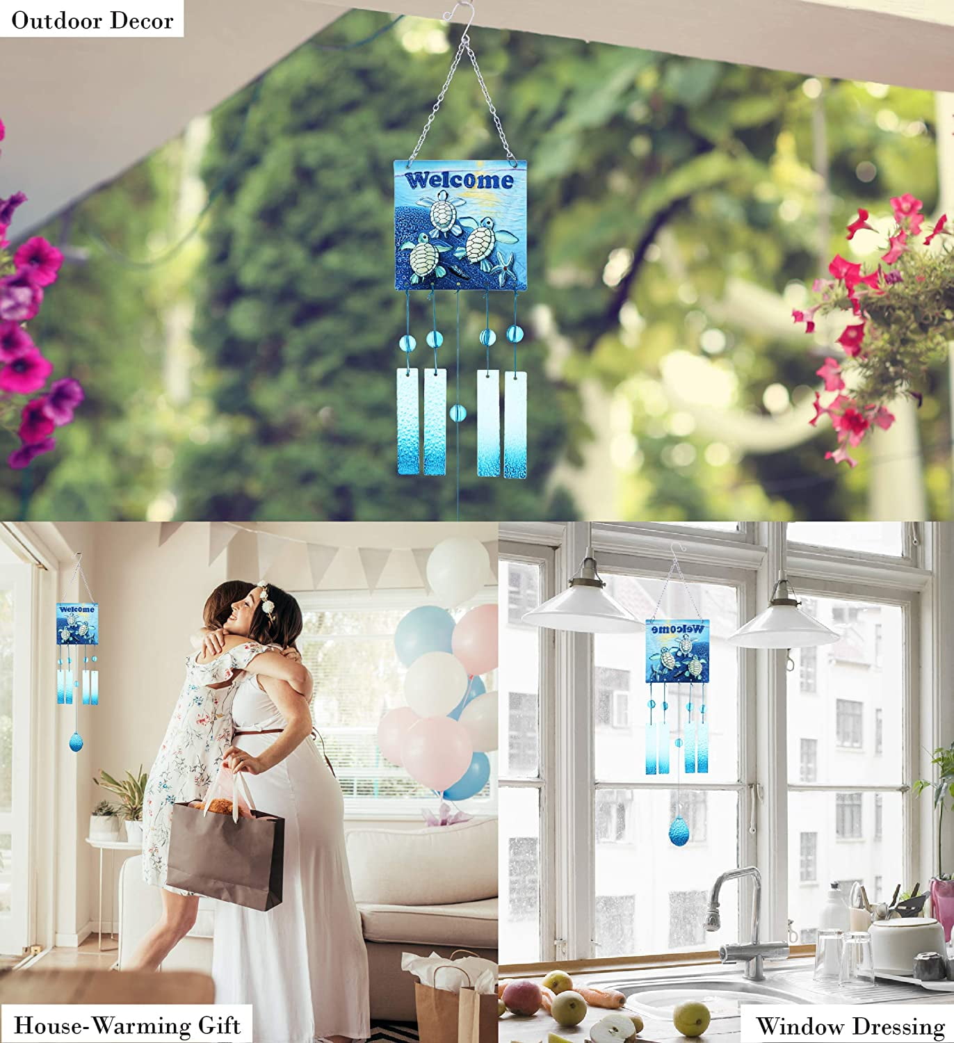 CoTa Global "Welcome" Blue Turtle Hanging Sea Glass Wind Chime 29.92 Inch Nautical Glass Windchime Outdoor Decor for Harmonic Porch, Patio & Garden, Unique Beach Art Indoor Wind Chime Window Mobile