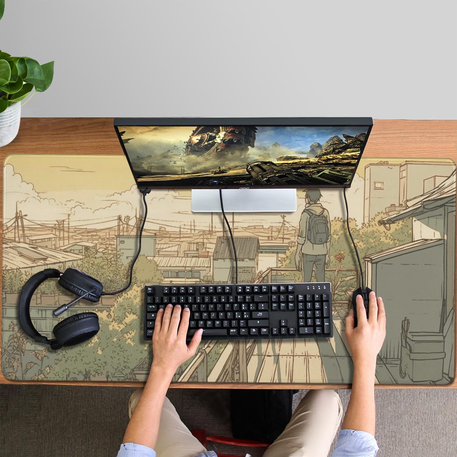 Anime Roof Aesthetic Anime Kawaii Gaming Mouse Mat, Rectangle 3XL Extra Large Mouse Pad 47.3 X 23.6 Inches Non-Slip Rubber Gaming Mouse Pad with Stitched EdgesOffice Mouse Pad for Women Men Kids