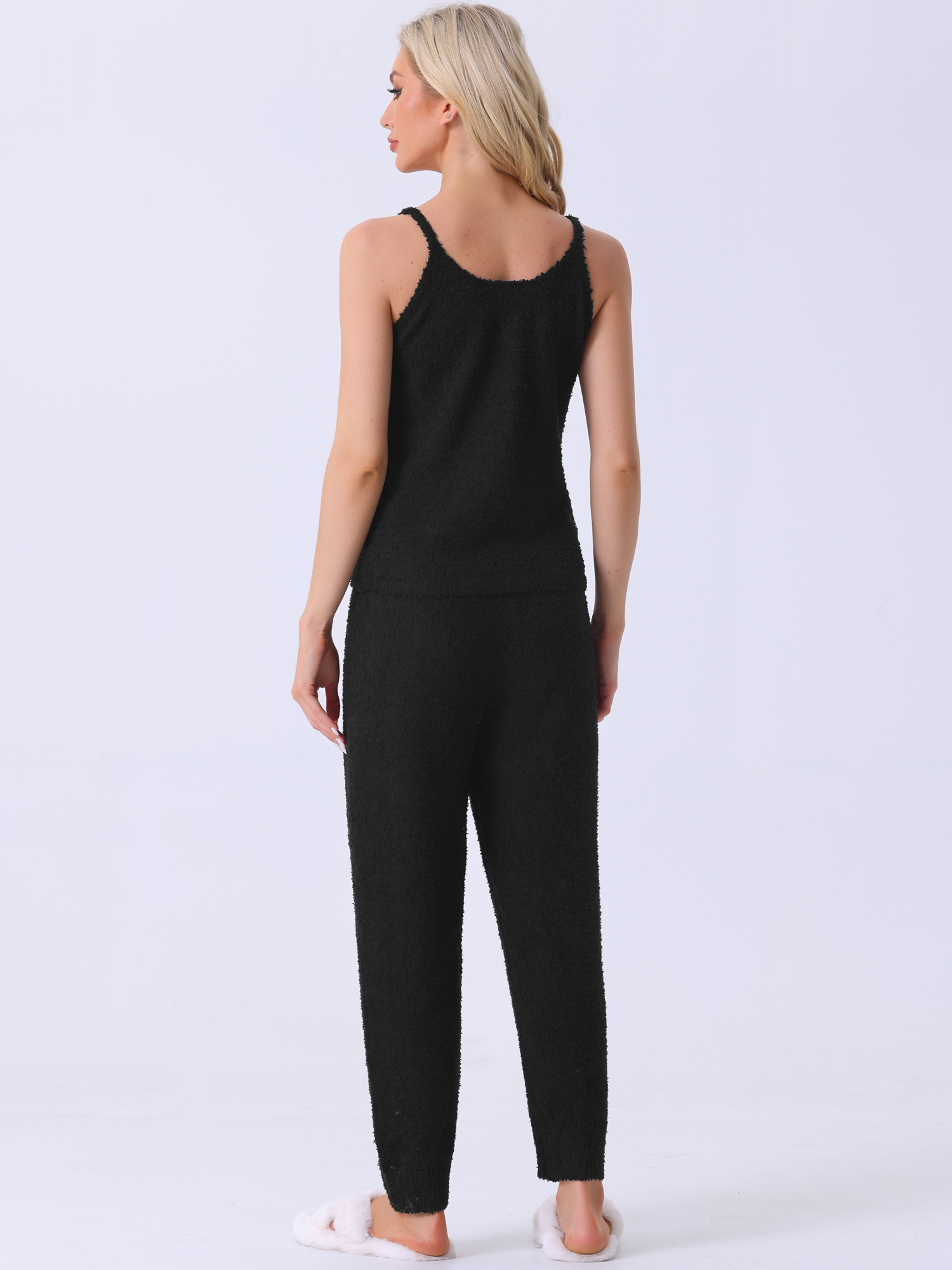 DARING DIVA Women's Fluffy Fleece Pajama Set with Sleeveless Cami and Joggers Black XL