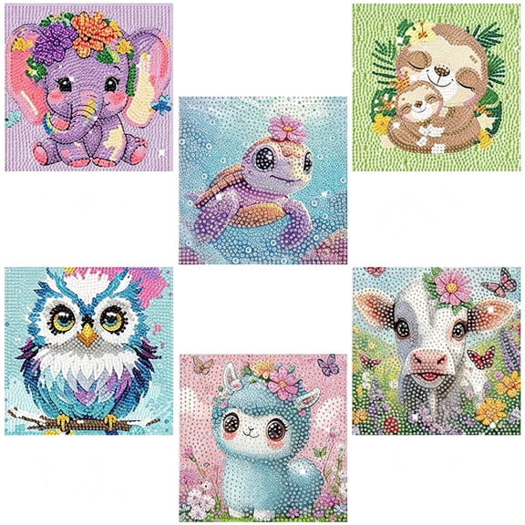 Kids Diamond Art Kits 6 Pack, 5D Round Full Drill Animal Gem Painting with Tools, 6x6 Inch Wall Decor