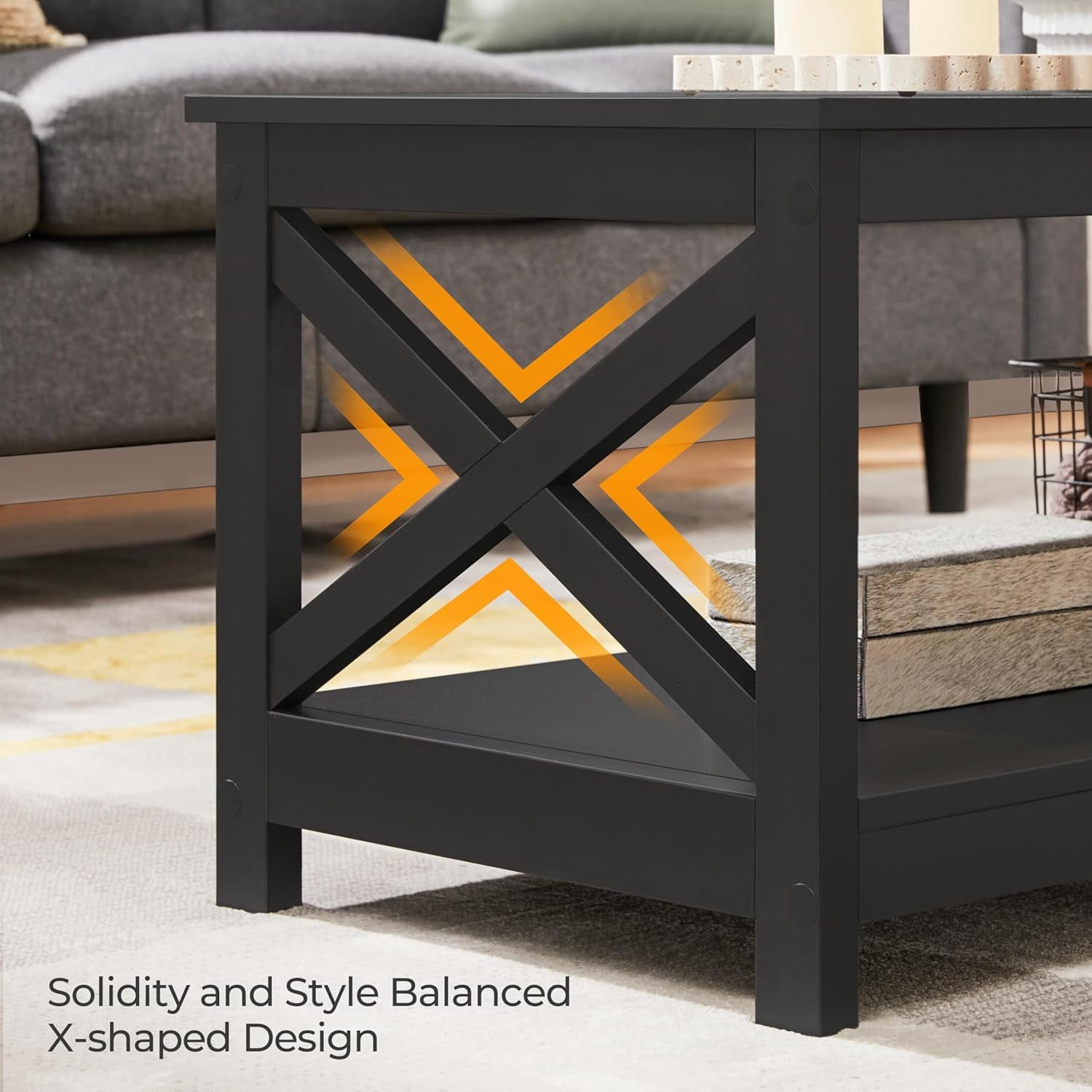 Wood 2-Tier Black Coffee Table with Storage Shelf for Living Room, X Design Accent Cocktail Table, Easy Assembly Home Furniture, 39.5 x 20 x 18 Inches