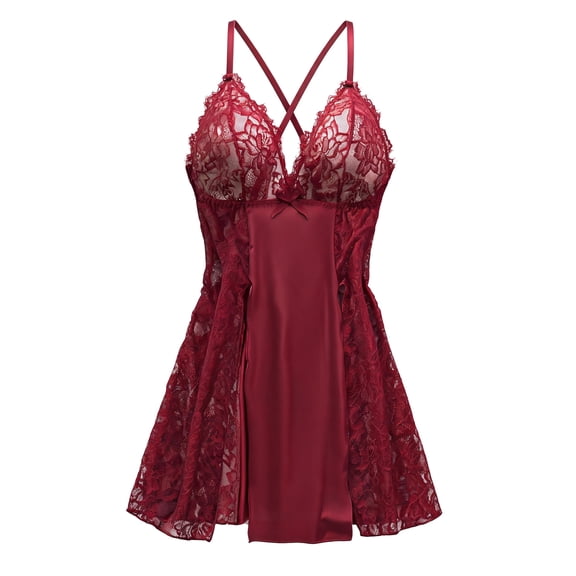 QYLUX Women's Lingerie Sexy V-Neck Sheer Lace Nightwear with Side Slits Nightgown,Wine Red,L