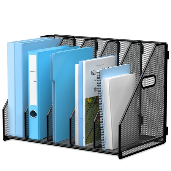 Desk File Organizer Metal Desk Magazine Folder Holder with 5 Vertical Compartments Rack File Organizer for Office, Home, School, Black