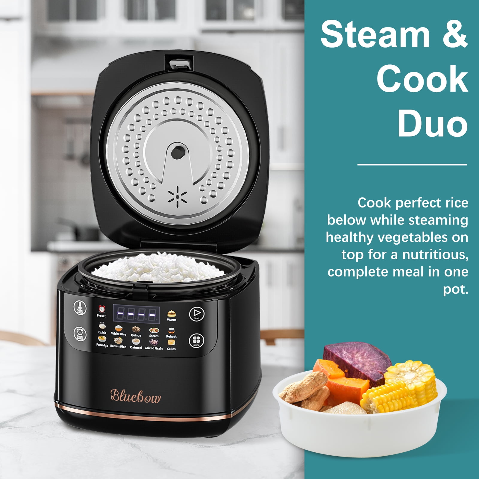Bluebow Digital Rice Cooker, 6-Cup/2.1QT Small Rice Maker, 10 Presets, 24-Hour Delay Timer & Keep Warm, Non-Stick Inner Pot, Black
