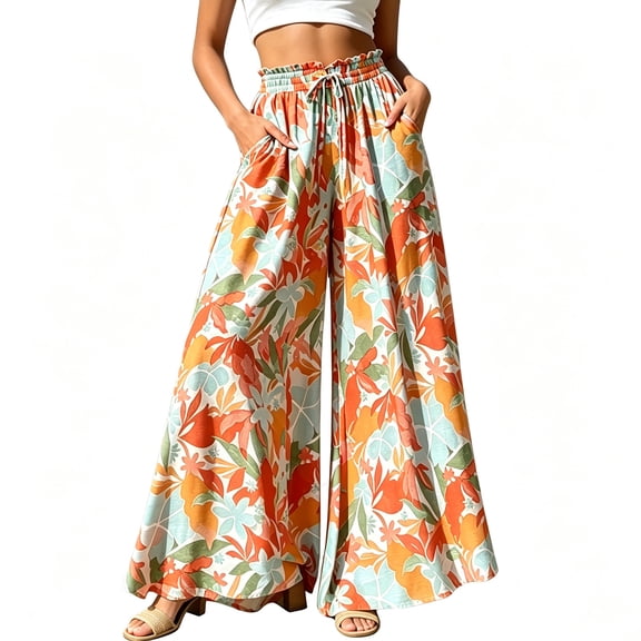TEAJOPSUU Summer Tropical Floral Wide Leg Pants for Women Flowy High Waisted Elastic Drawstring Palazzo Pants Loose Fit Beach Pants with Pockets C-Orange