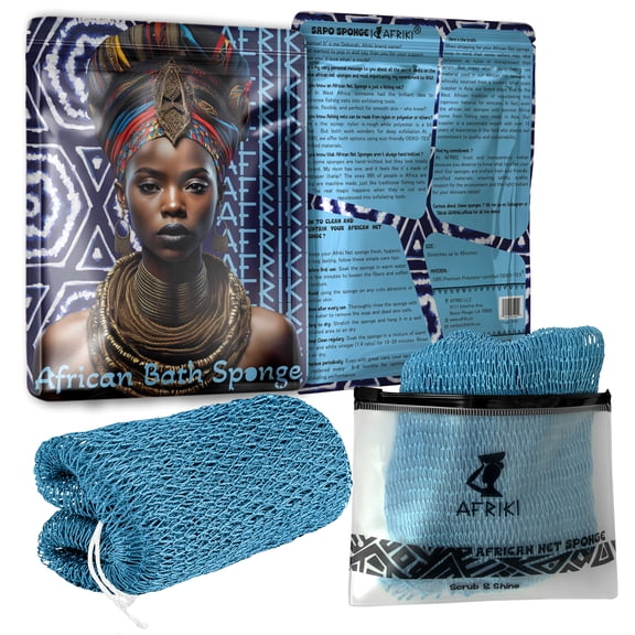 African Net Sponge, Premium Exfoliating Body Scrubber, Extra Long Bath Sponge for Shower, Exfoliating Washcloth for Smooth Skin, 1 Pack (Baby Blue)