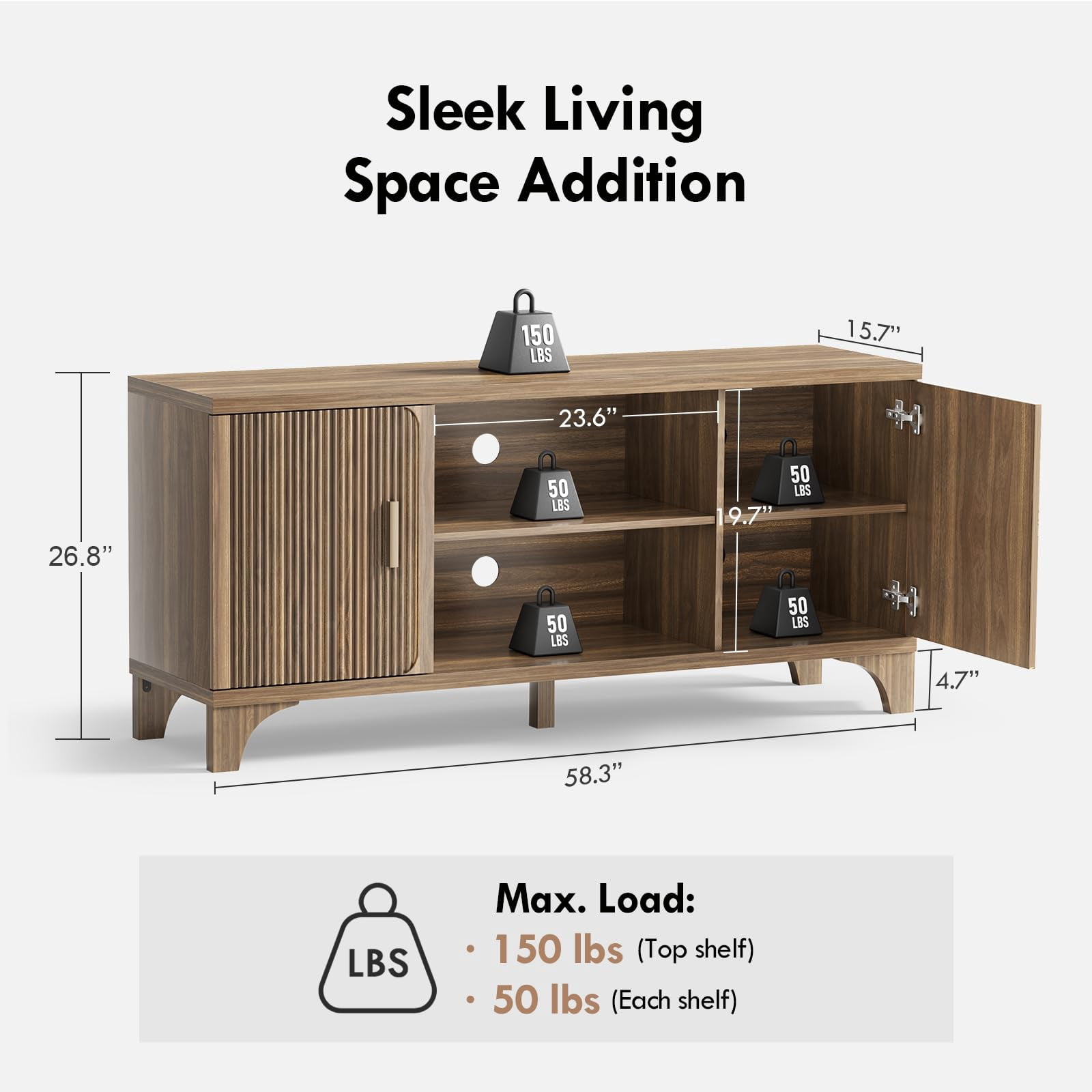 Vebreda 58 Inch Tall Modern TV Stand for 55"/65" TVs, Mid-Century Entertainment Center with Storage, Walnut