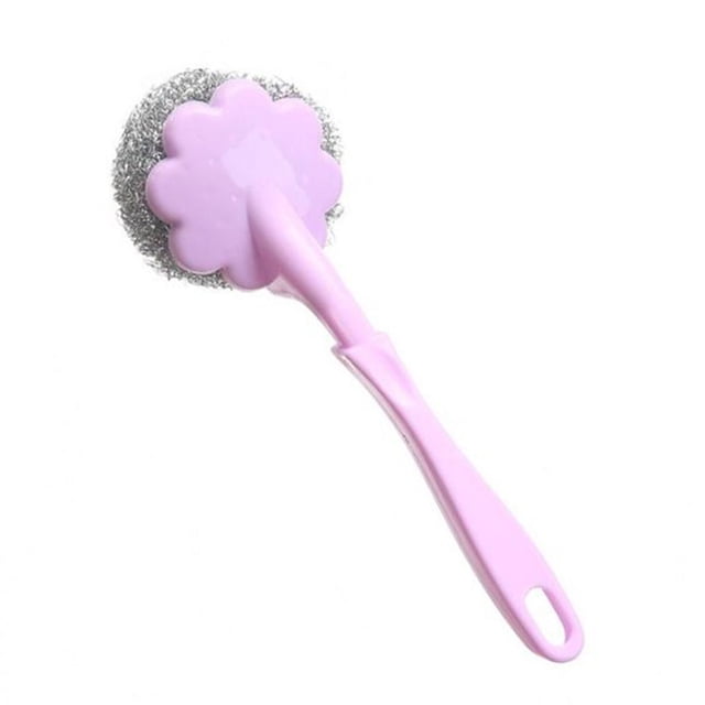 Billuyoard Cepillo de bola de alambre de acero con flor de mango largo, herramienta de limpieza de ollas para lavar platos, limpiador de cubiertos Suministros de limpieza para el hogar violeta