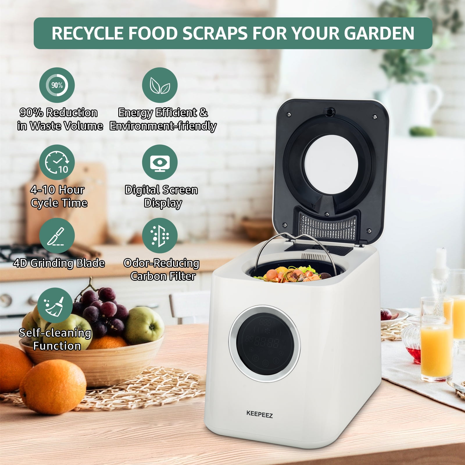 1 Gallon Electric Composter for Kitchen Smart Countertop Compost Bin Turn Food Waste into Fertilizer with Large Touch Screen Low Noise Auto-Cleaning