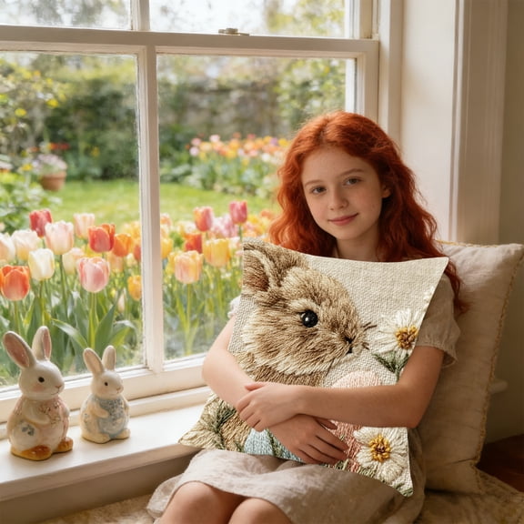 Uutvery Easter Bunny Pillow Cover, Faux Embroidery Printed Linen Cushion Cover, Decorative Throw Pillow Case Sofa Bed, 17.72x17.72 Inches