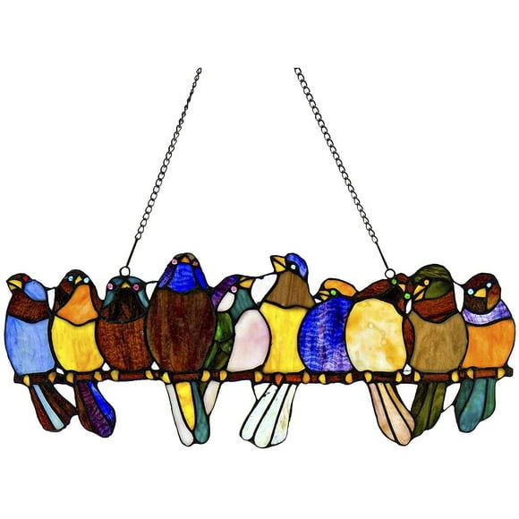 River of Goods Birds on A Wire 9.5 Inch High Stained Glass Suncatcher Window Panel, Multicolor