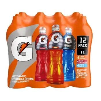 Gatorade - Gatored. 12 botellas de 1 litro cada una. 4 sabor naranja, 4 sabor ponche de frutas, 4 sabor moras