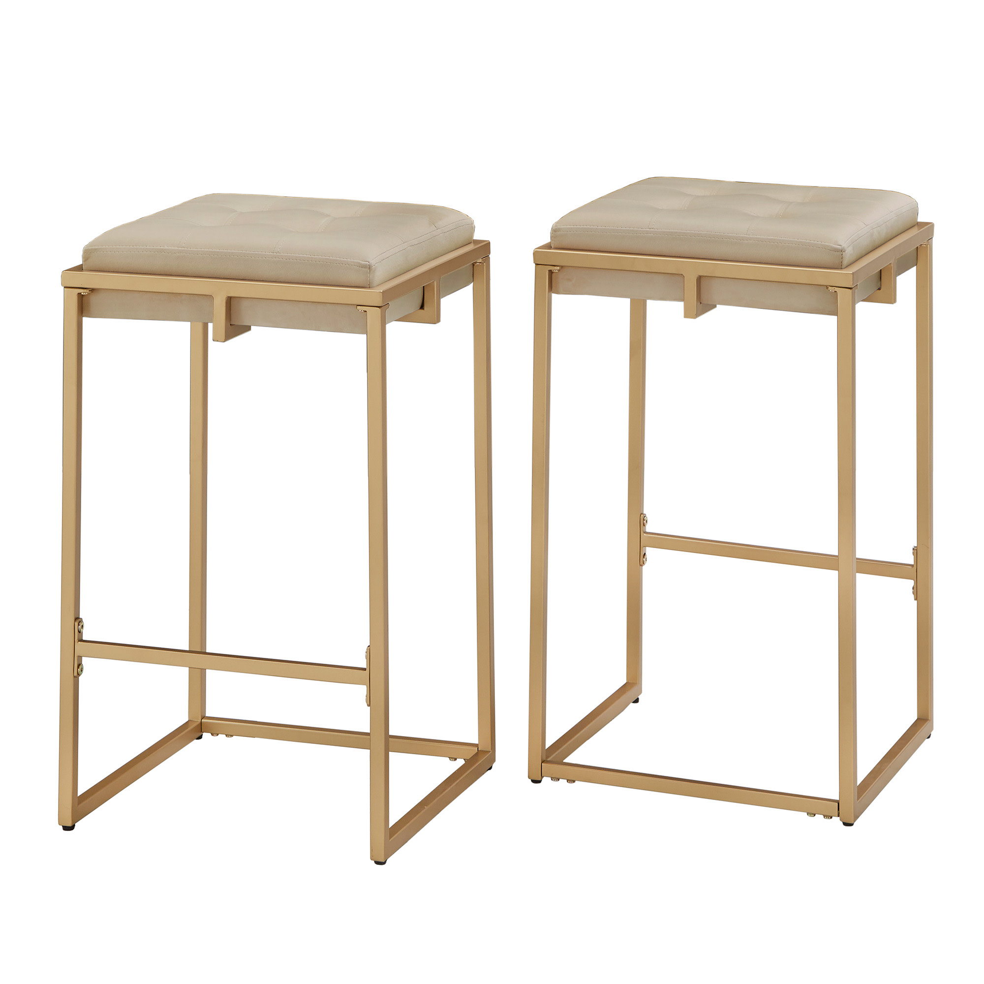Weston Home Oddie Gold Finish Velvet Button Tufted Counter Stools, Beige (Set of 2)