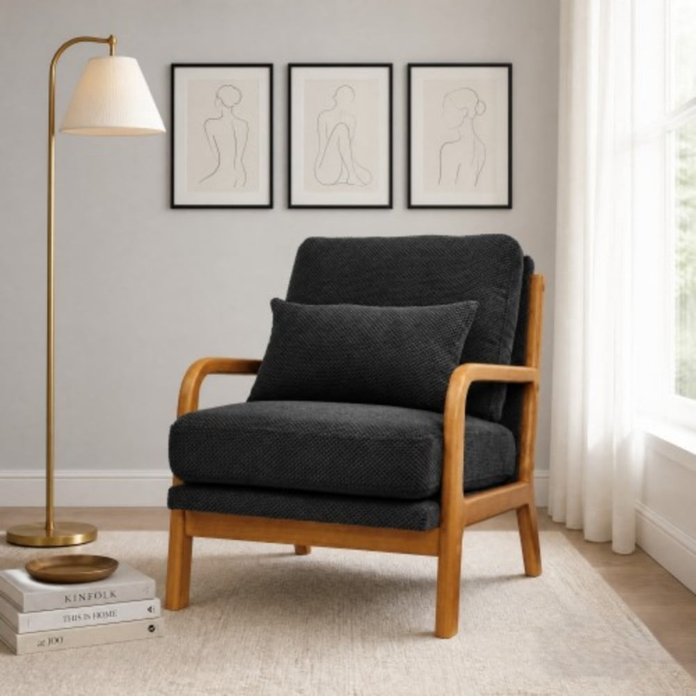 Wooden Lounge Chair, Modern Upholstered Accent Chair with Solid Wood Armrests, High-Density Foam Cushion, Reclined Backrest for Living Room, Bedroom & Office, Dark Gray