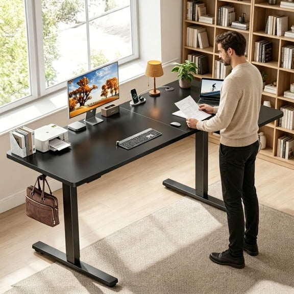 L-Shaped Electric Standing Desk, Adjustable Height Corner Desk with Memory Controller, Heavy-Duty Steel Frame, Quiet Motor, 200 lb Capacity