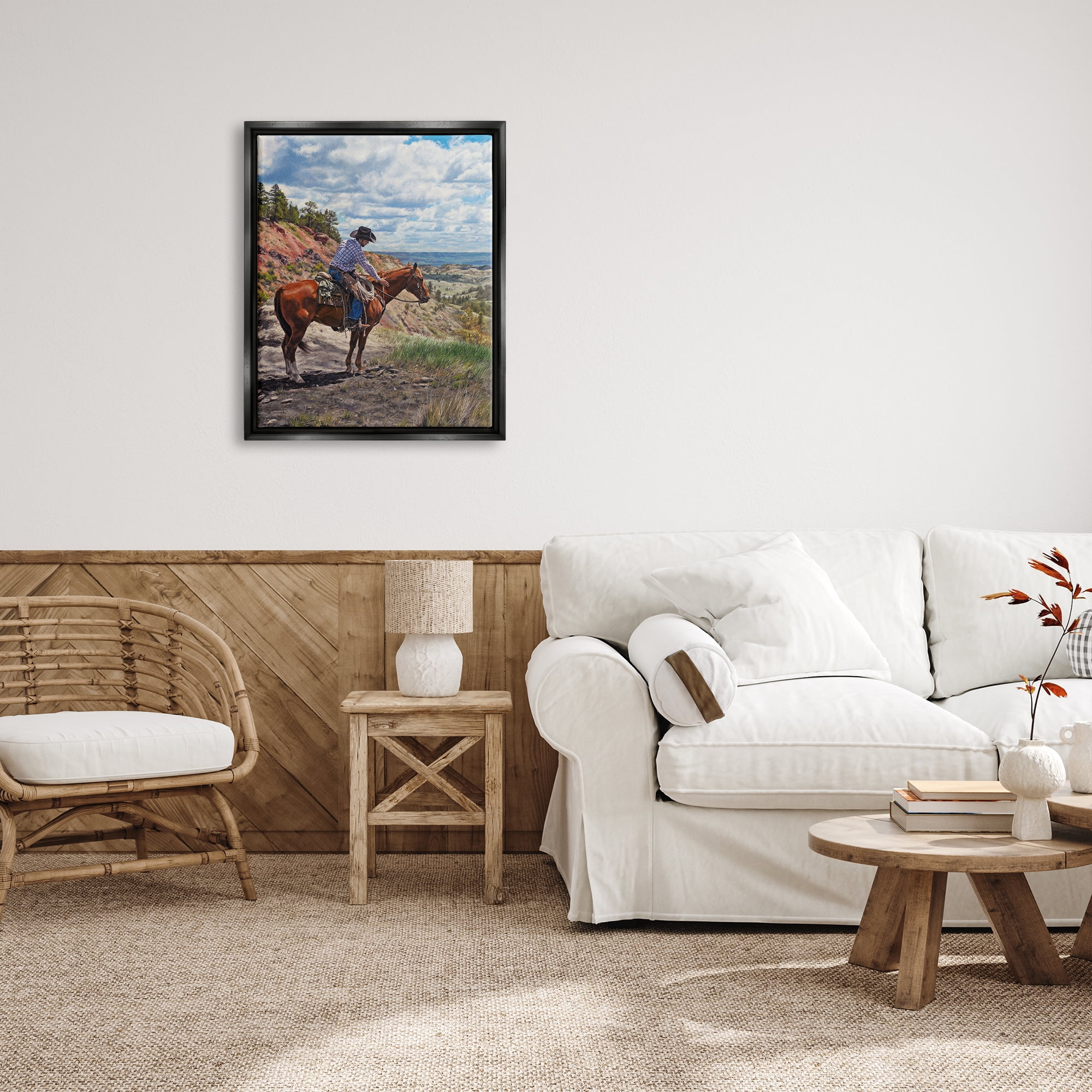 Stupell Industries Cowboy in Ocean Landscape Animals & Insects Painting Black Floater Framed Art Print Wall Art, 25 x 31