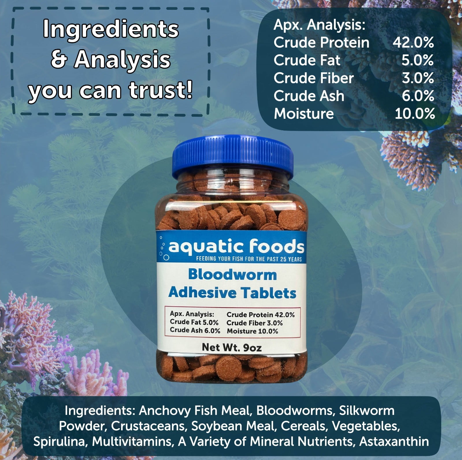 Bloodworm Glass Sticking 42% Protein Tablets for Angels, Tetras, Guppies, Cichlids, All Community Tropical Fish 1-lb 14oz Jar